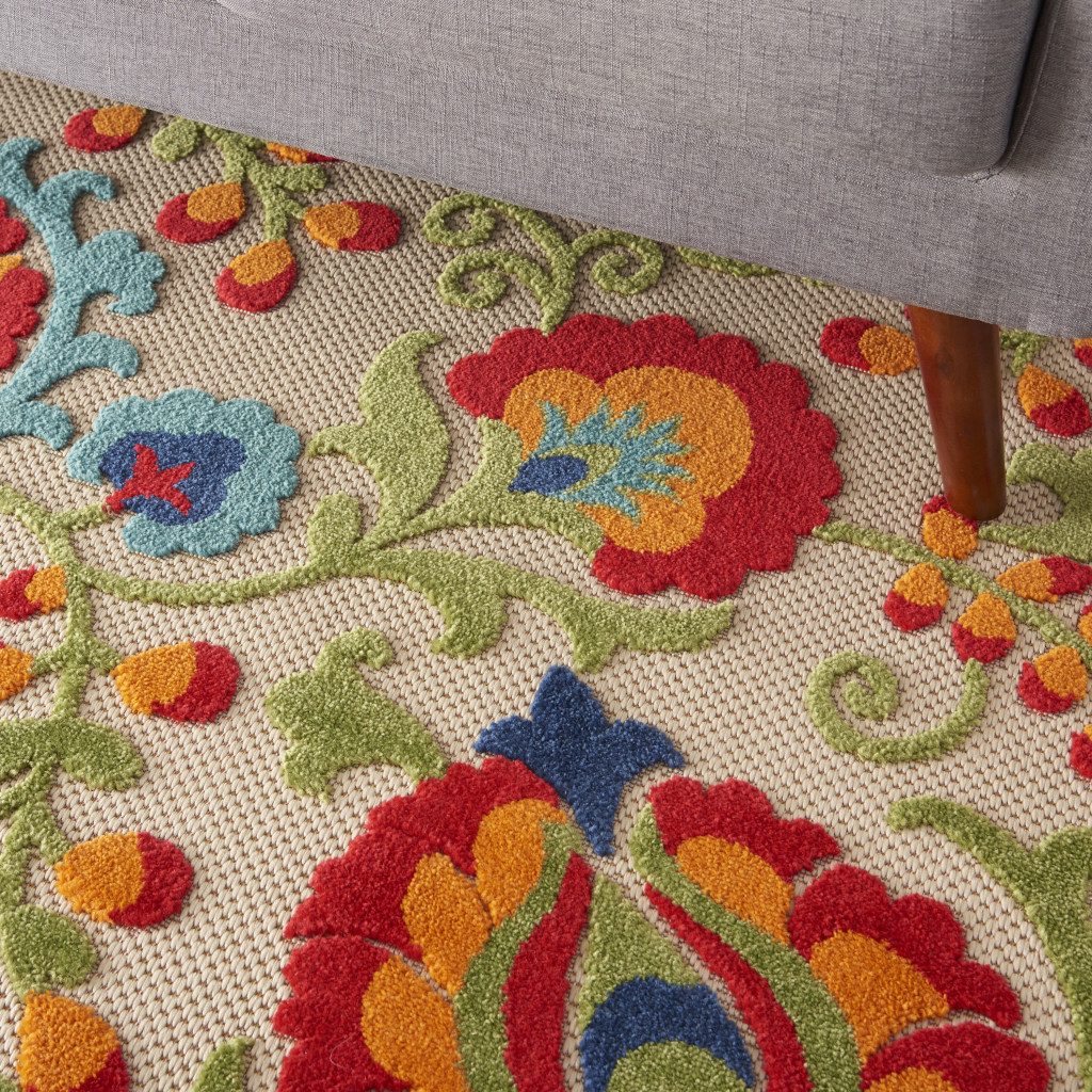 5′ X 8′ Green Ivory Floral Indoor Outdoor Area Rug