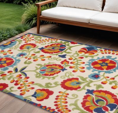 8′ X 11′ Green and Ivory Indoor Outdoor Area Rug