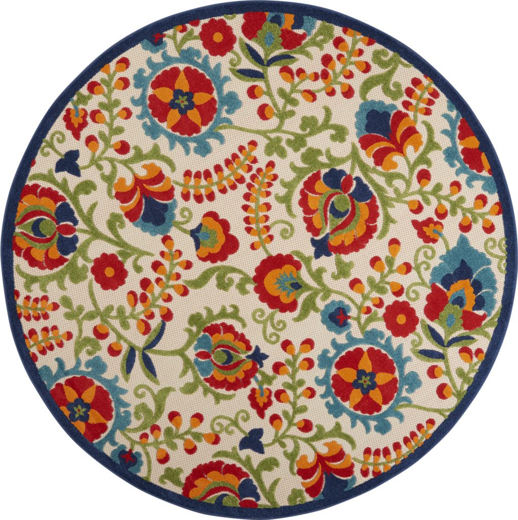 8′ Green and Ivory Indoor Outdoor Round Rug