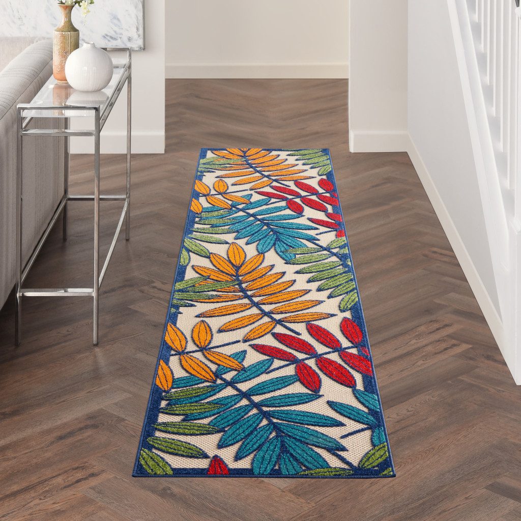 10′ Ivory And Blue Floral Indoor Outdoor Area Rug
