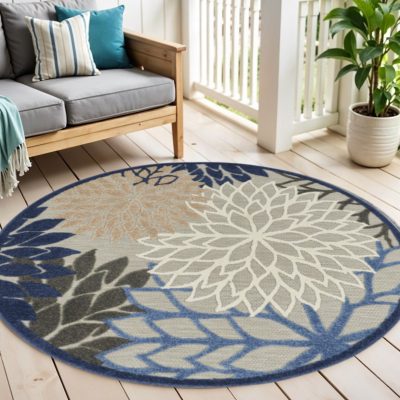 4′ Blue and Gray Round Indoor Outdoor Area Rug