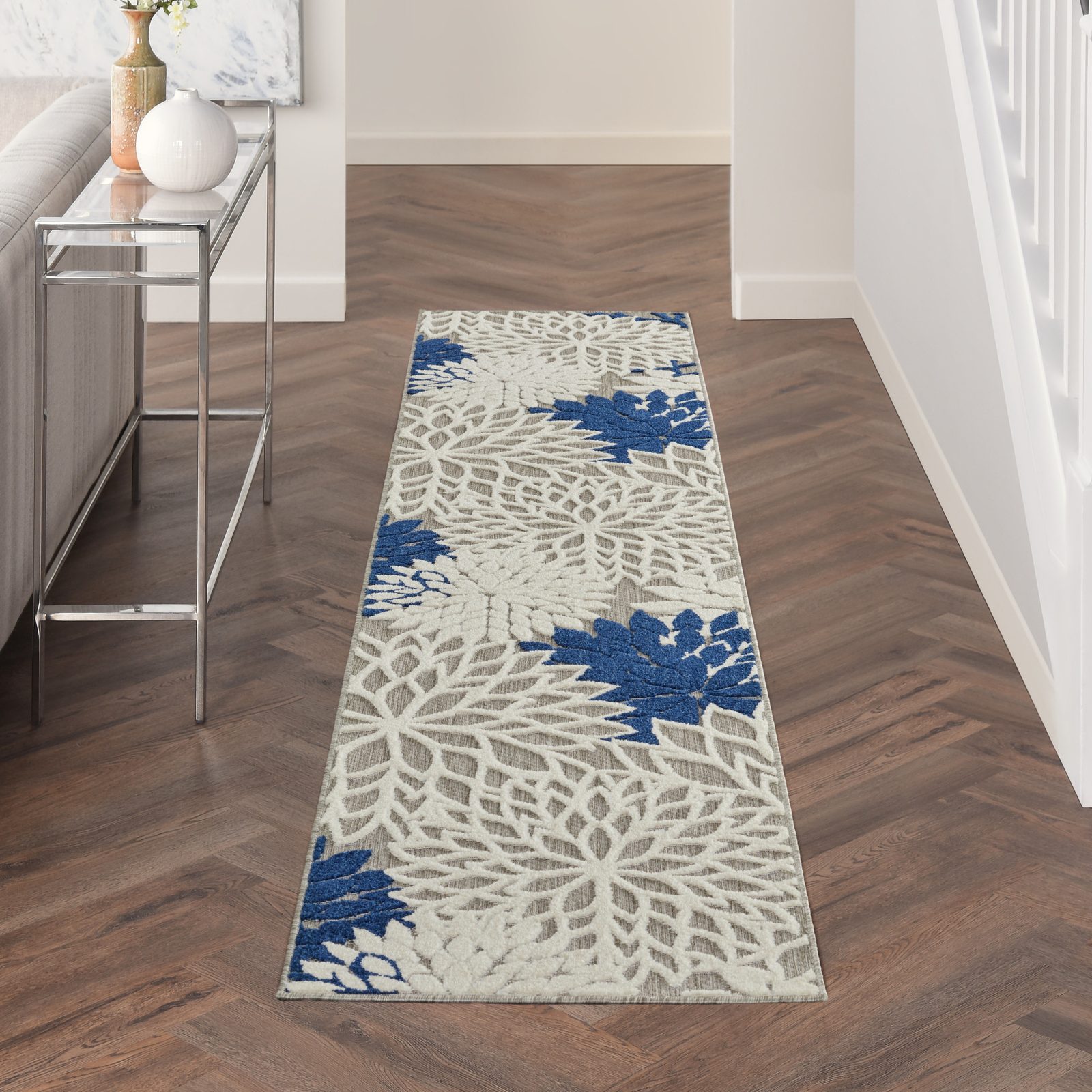 12′ Ivory and Blue Indoor Outdoor Runner Rug II