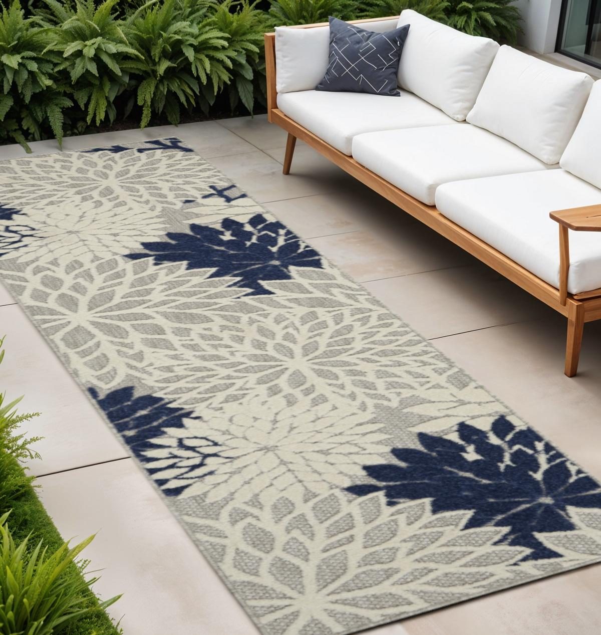 12′ Ivory and Blue Indoor Outdoor Runner Rug II