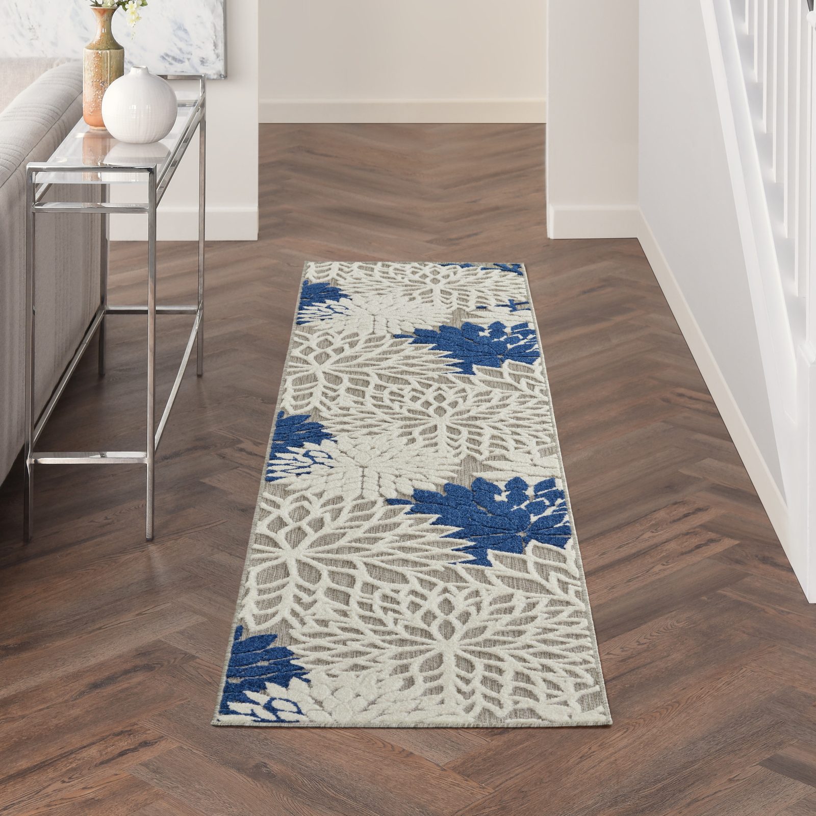 8′ Ivory and Blue Indoor Outdoor Area Rug III