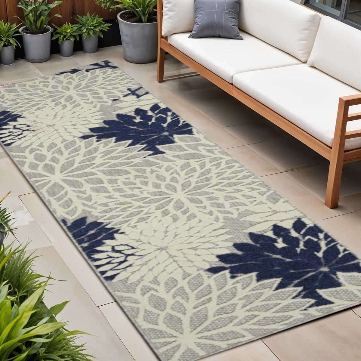 8′ Ivory and Blue Indoor Outdoor Area Rug III