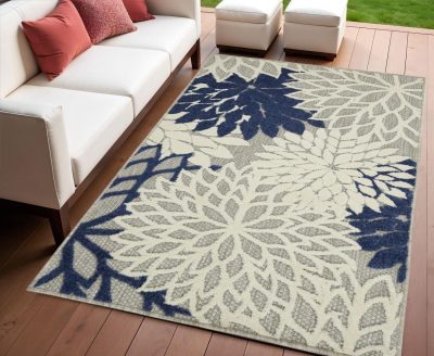 3′ × 4′ Ivory and Blue Indoor/Outdoor Area Rug III