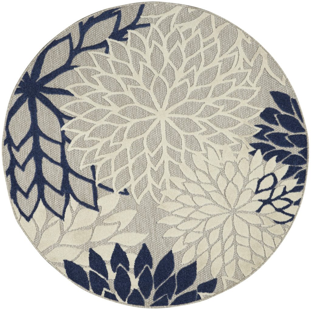 5′ Ivory and Blue Indoor Outdoor Round Rug II