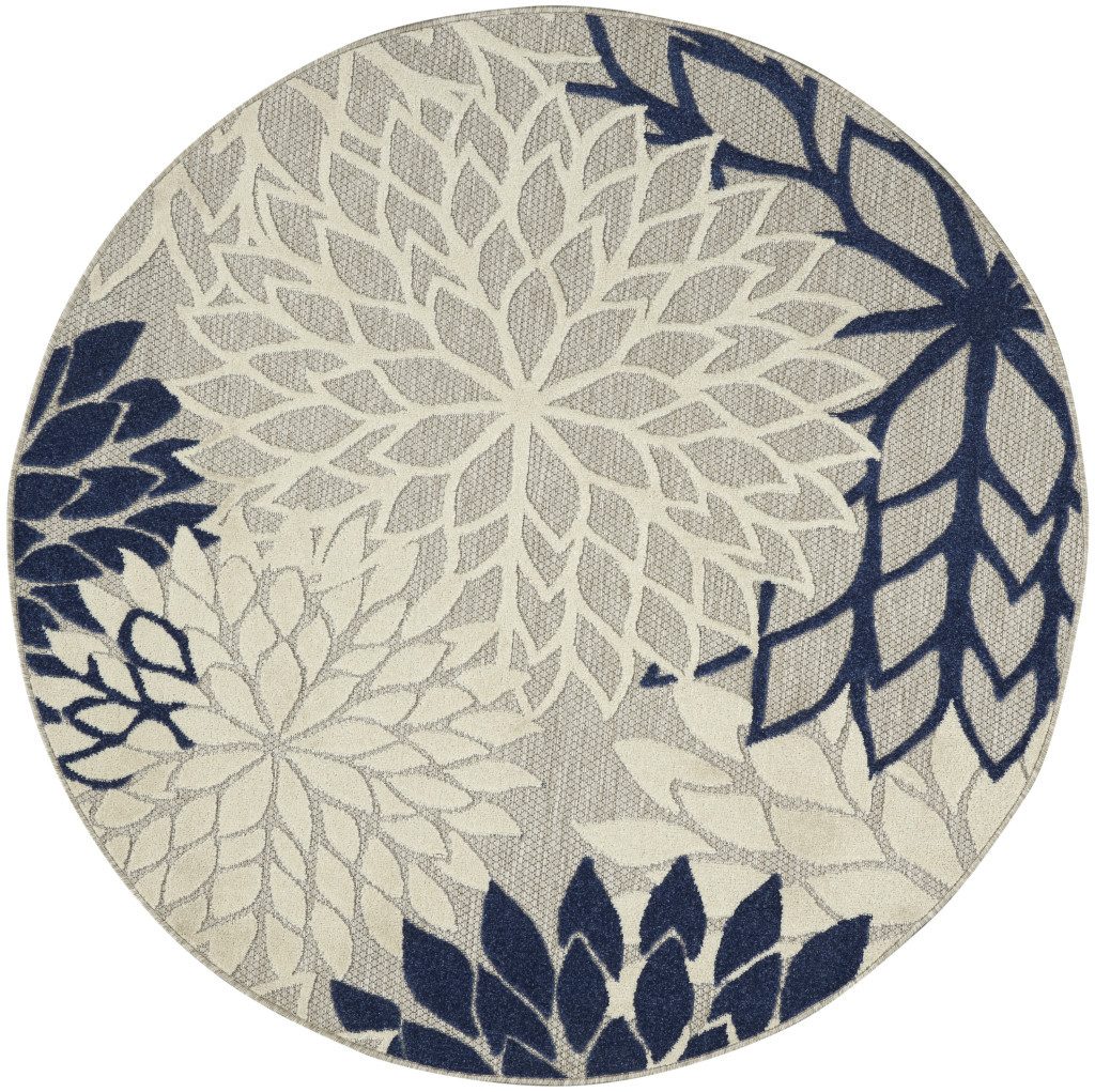 5′ Ivory and Blue Indoor Outdoor Round Rug II