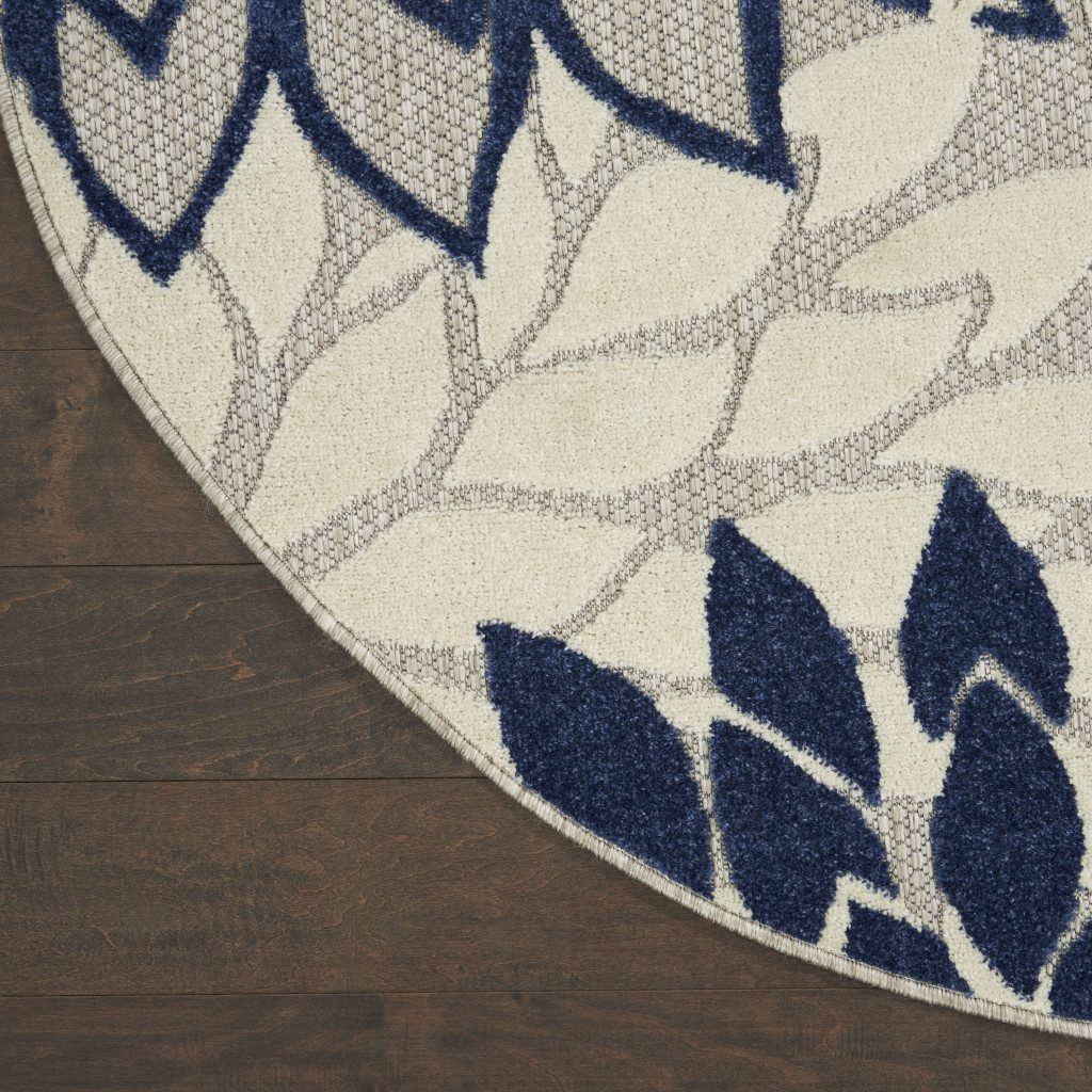 5′ Ivory and Blue Indoor Outdoor Round Rug II