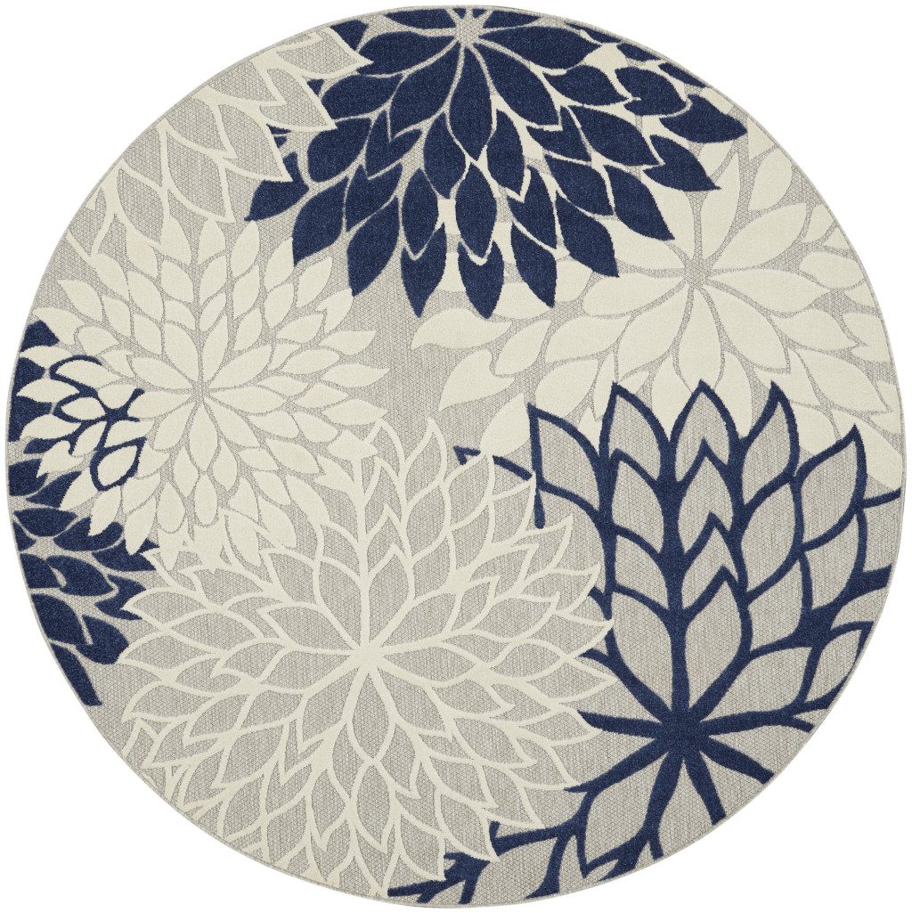 8′ Ivory and Blue Indoor Outdoor Round Rug II