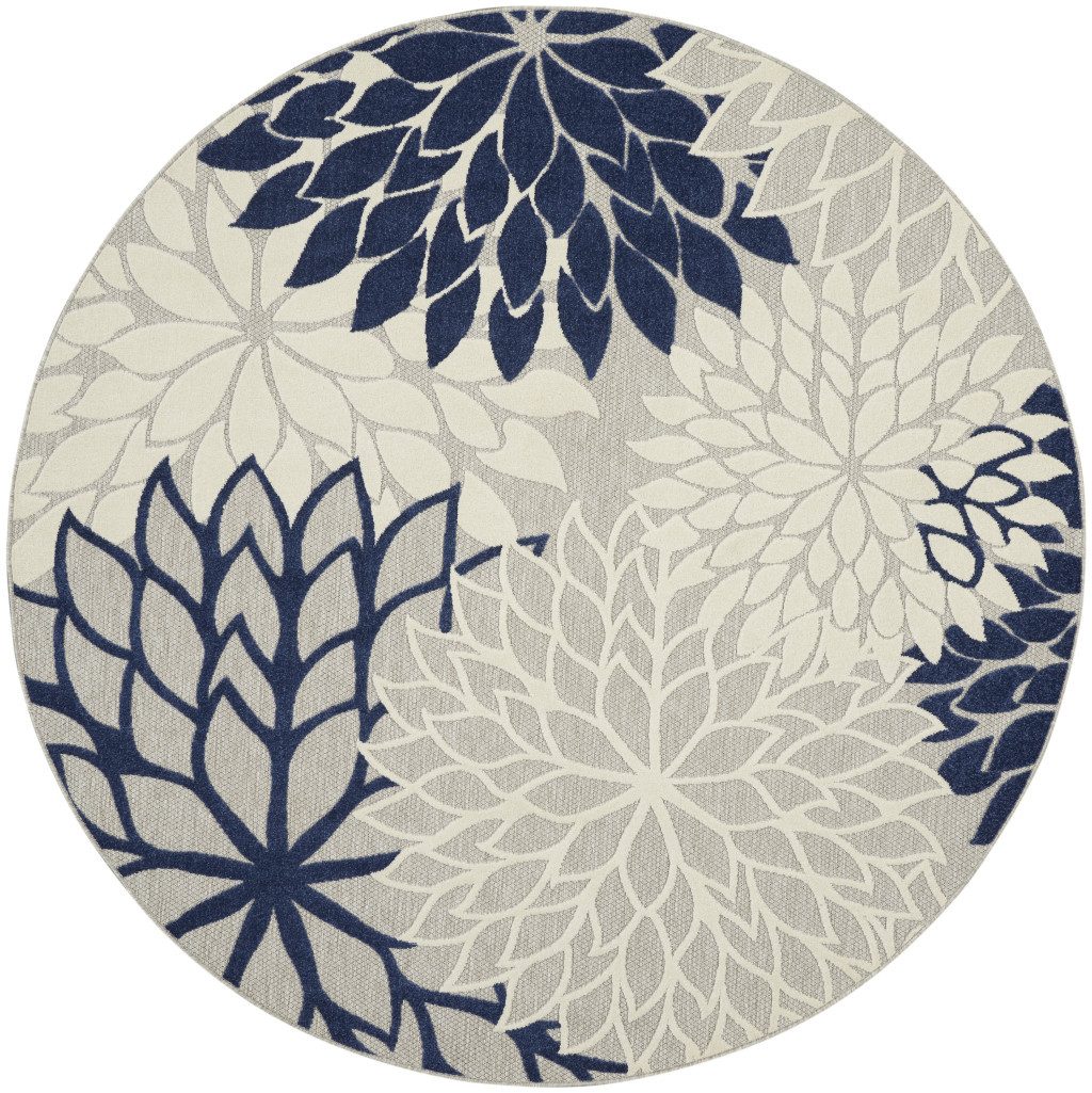 8′ Ivory and Blue Indoor Outdoor Round Rug II