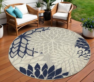 8′ Ivory and Blue Indoor Outdoor Round Rug II