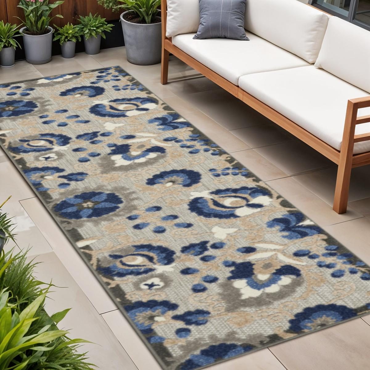 8′ Blue and Gray Indoor Outdoor Area Rug