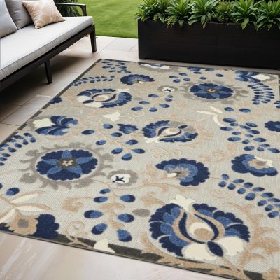 5′ X 8′ Blue and Gray Floral Indoor/Outdoor Area Rug