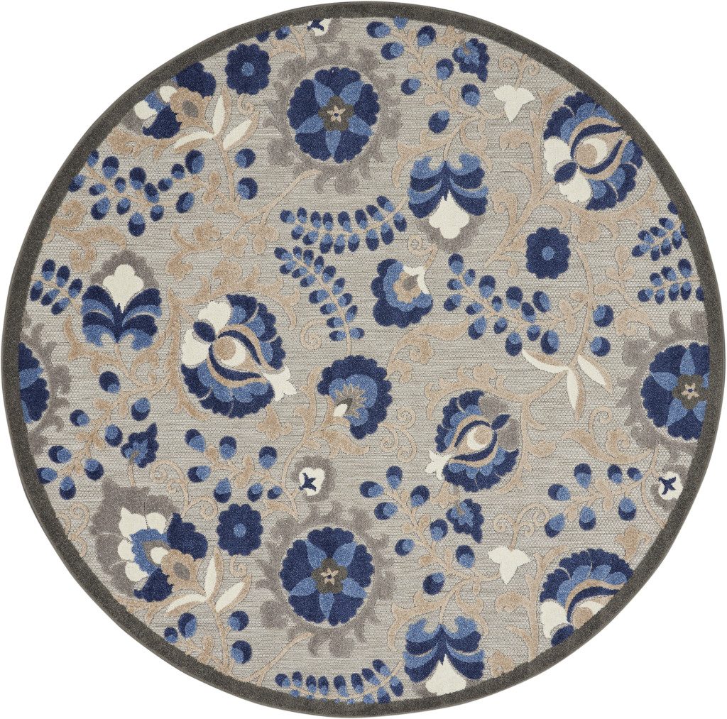 5′ Blue And Gray Round Indoor Outdoor Area Rug
