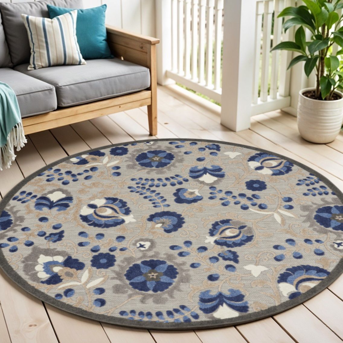 5′ Blue And Gray Round Indoor Outdoor Area Rug