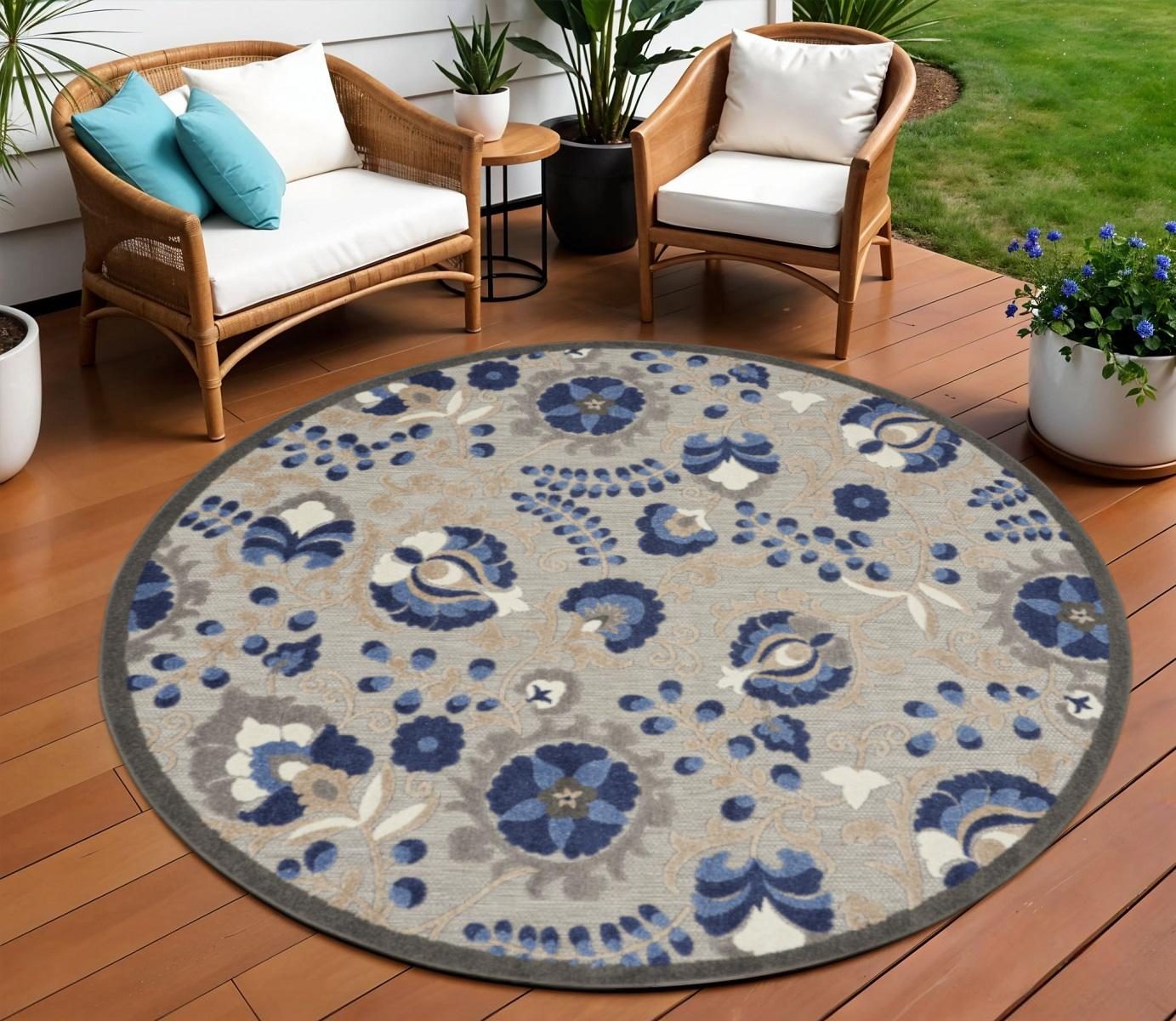 8′ Blue and Gray Round Indoor Outdoor Area Rug