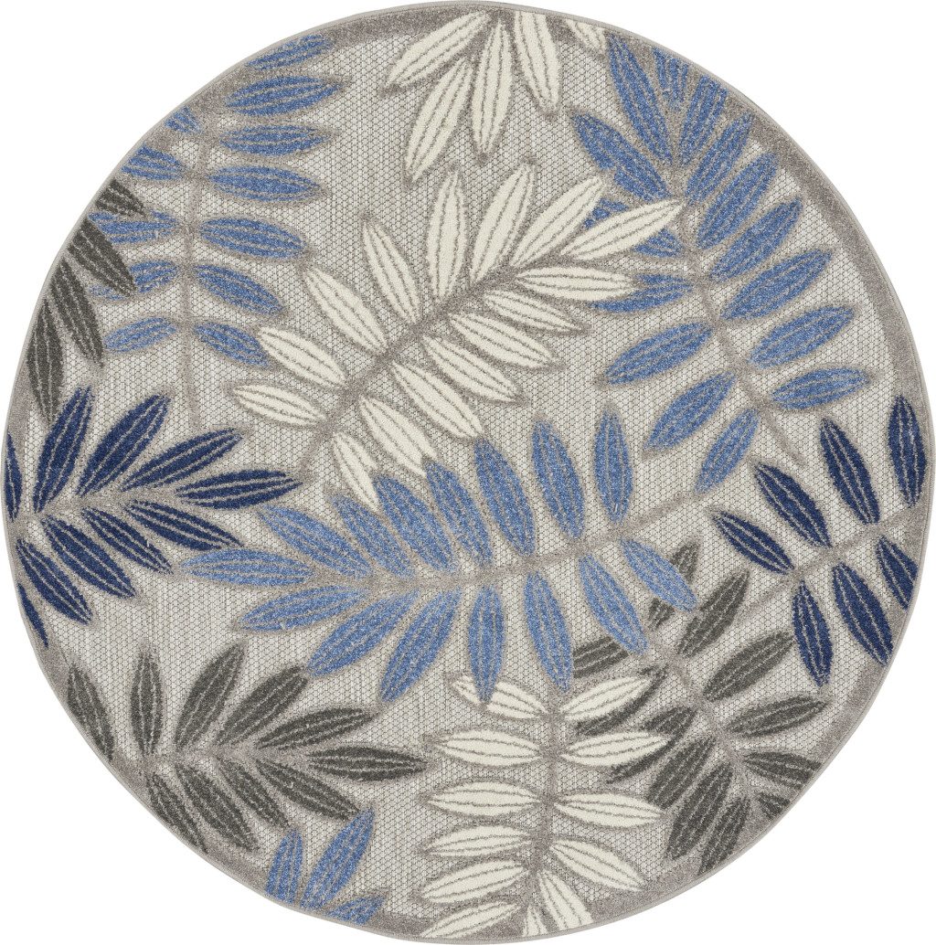 4′ Blue and Gray Floral Indoor Outdoor Round Rug