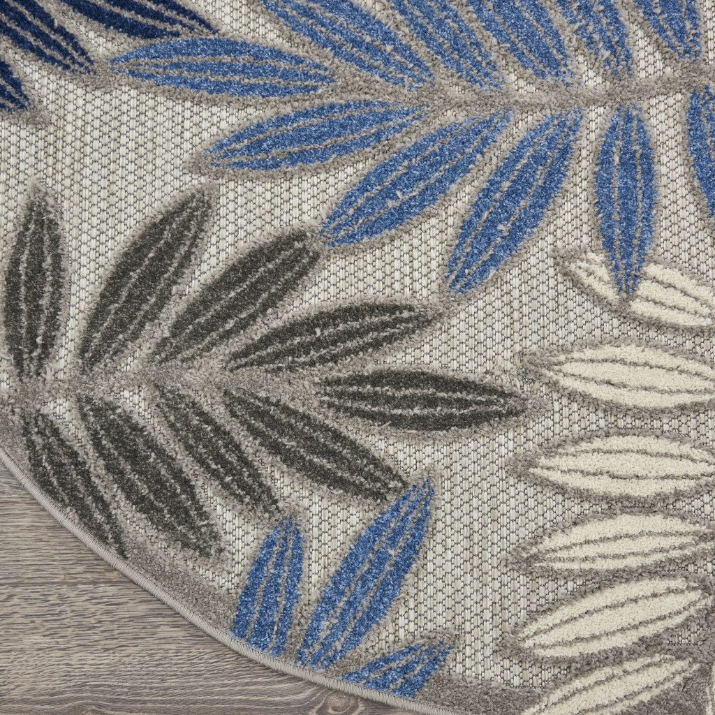 4′ Blue and Gray Floral Indoor Outdoor Round Rug