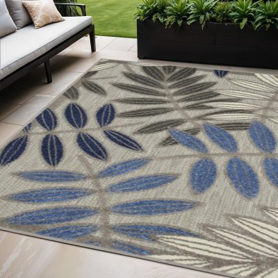 5′ X 7′ Blue Gray Floral Indoor-Outdoor Area Rug