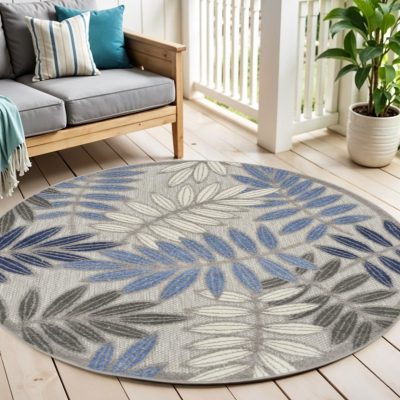 5′ Blue and Gray Floral Indoor Outdoor Round Rug