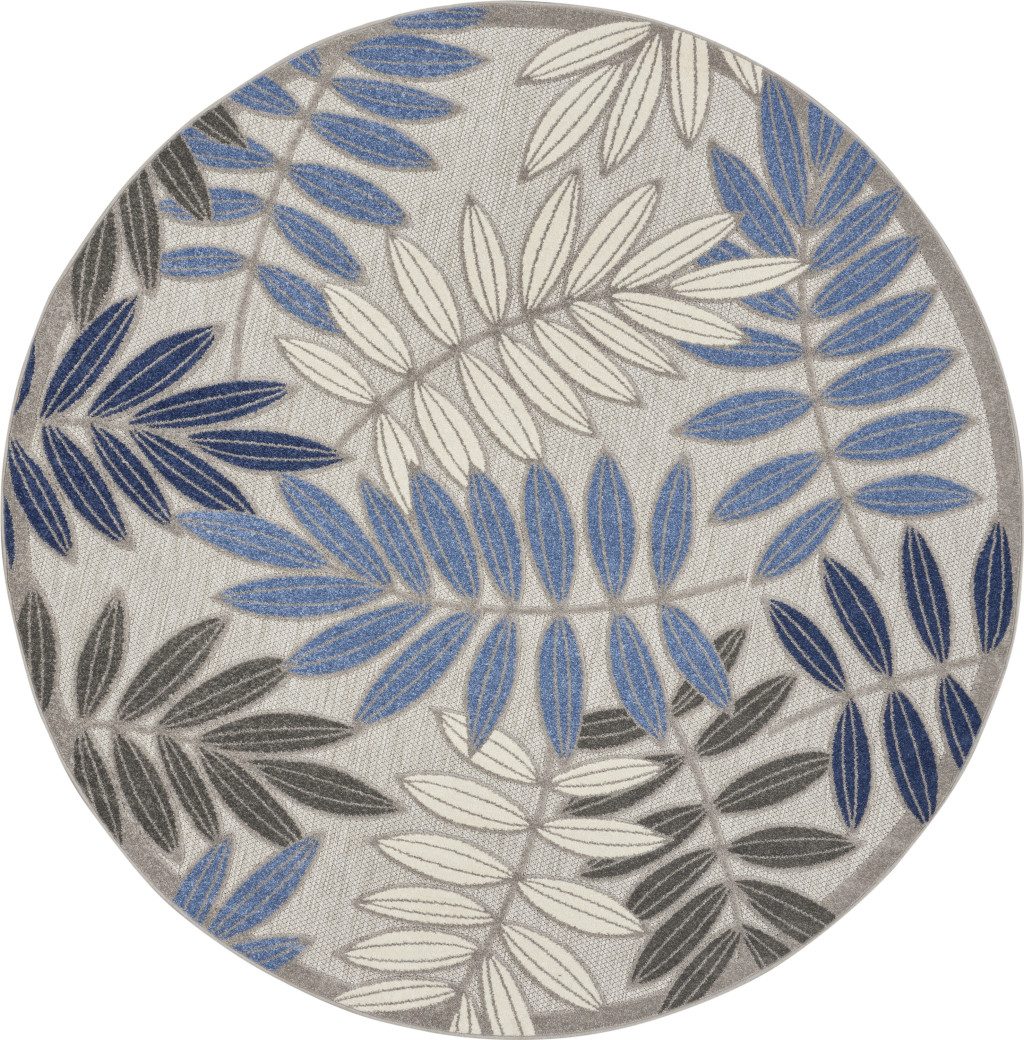 8′ Blue and Gray Floral Indoor Outdoor Round Rug II