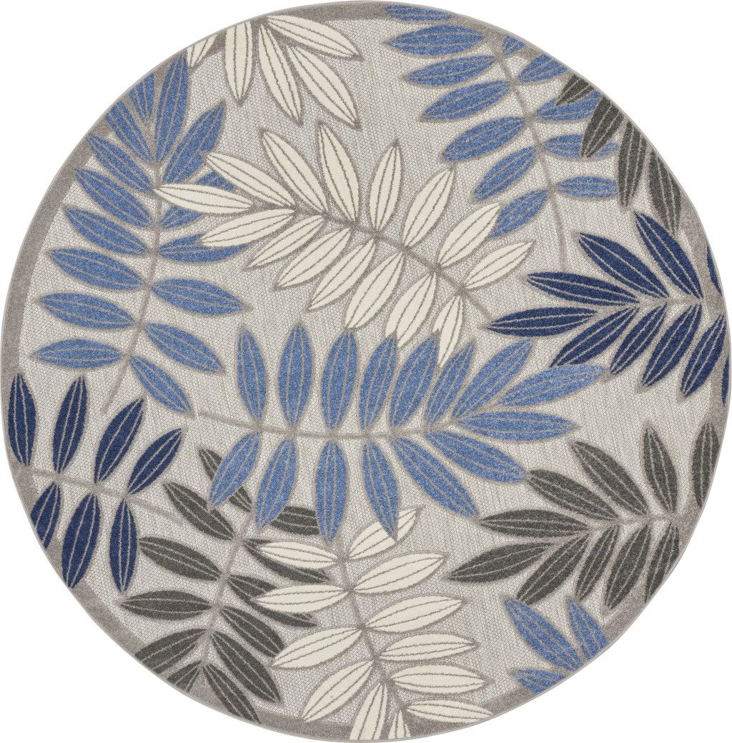 8′ Blue and Gray Floral Indoor Outdoor Round Rug II