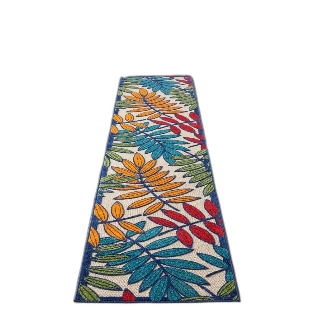 12′ Ivory and Blue Floral Indoor Outdoor Runner Rug