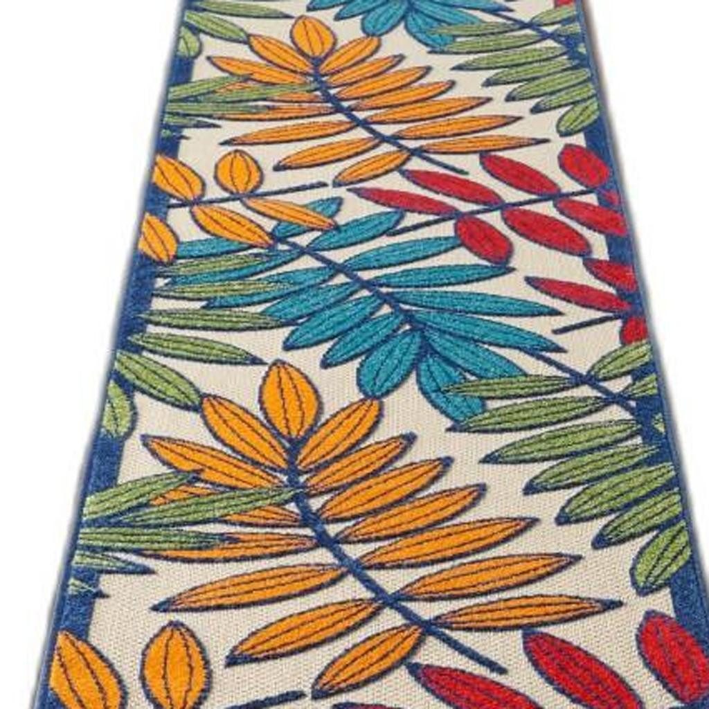 12′ Ivory and Blue Floral Indoor Outdoor Runner Rug