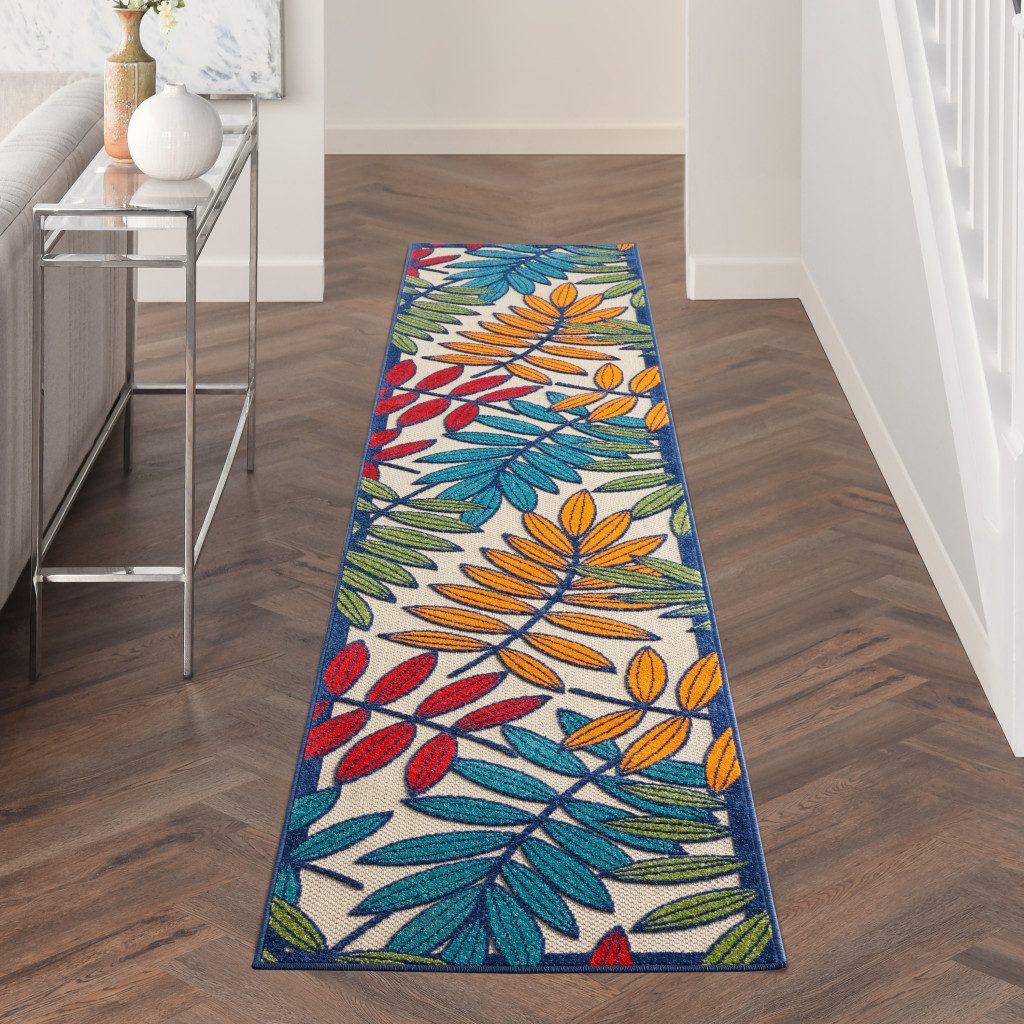 12′ Ivory and Blue Floral Indoor Outdoor Runner Rug