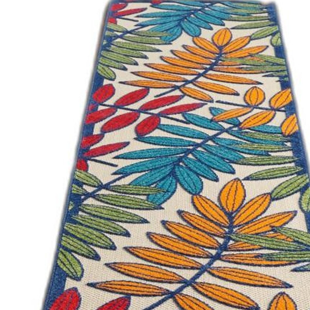 12′ Ivory and Blue Floral Indoor Outdoor Runner Rug