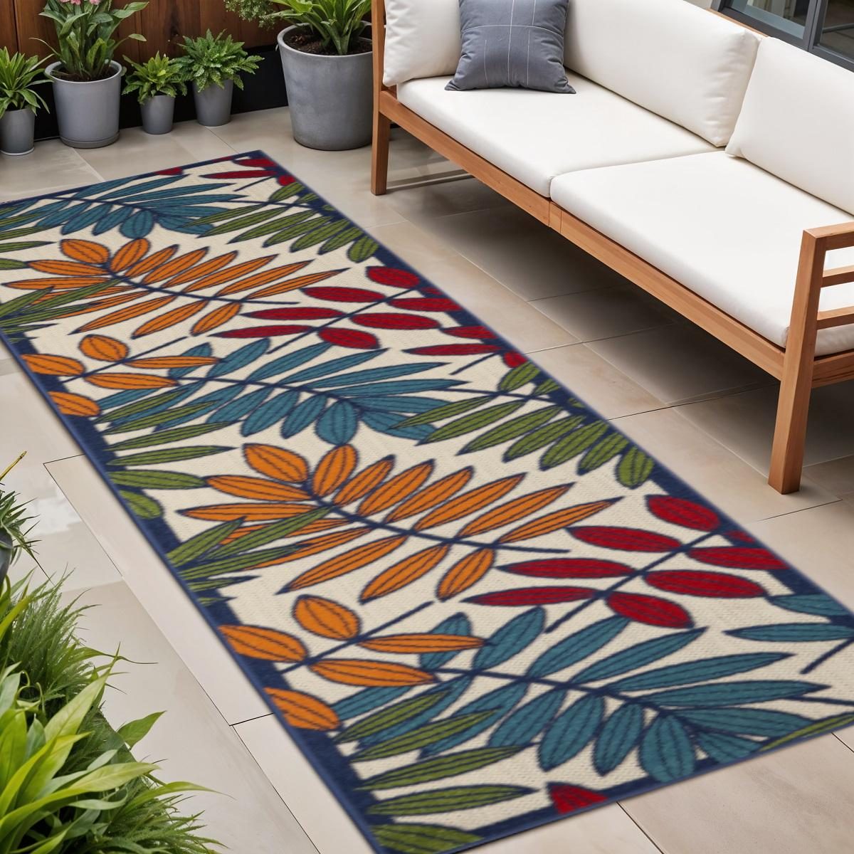 8′ Ivory And Blue Floral Indoor Outdoor Area Rug