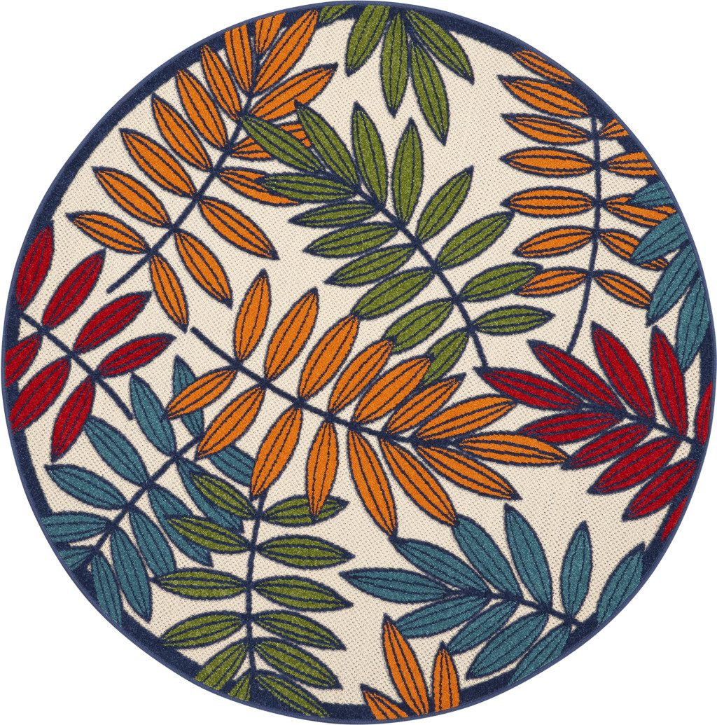 4′ Ivory and Blue Round Floral Indoor Outdoor Rug