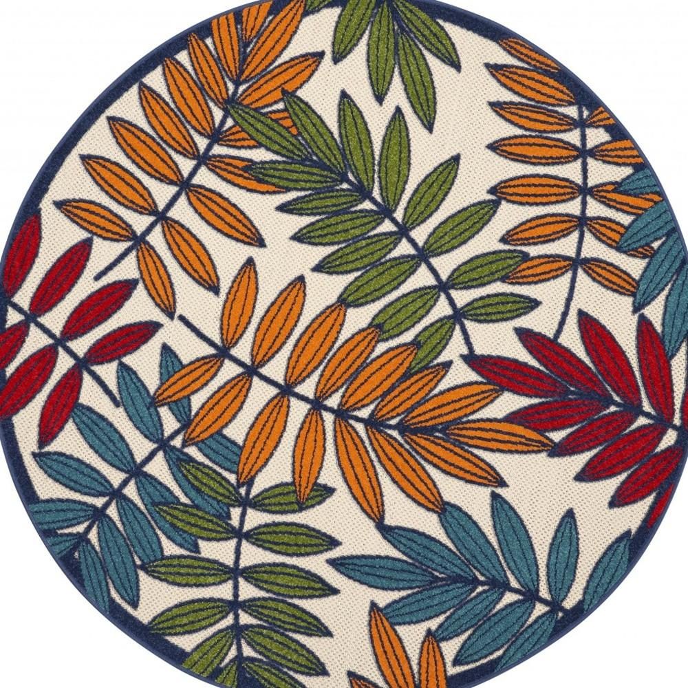 4′ Ivory and Blue Round Floral Indoor Outdoor Rug