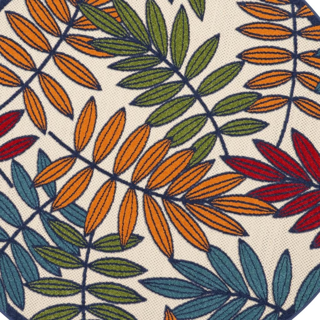 4′ Ivory and Blue Round Floral Indoor Outdoor Rug