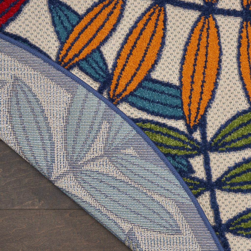 4′ Ivory and Blue Round Floral Indoor Outdoor Rug