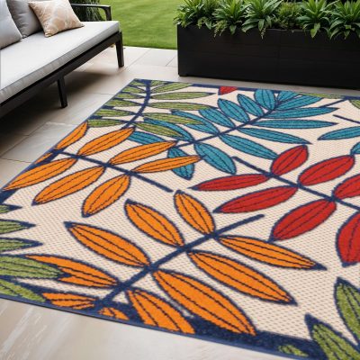 5′ X 8′ Ivory Blue Floral Indoor Outdoor Area Rug
