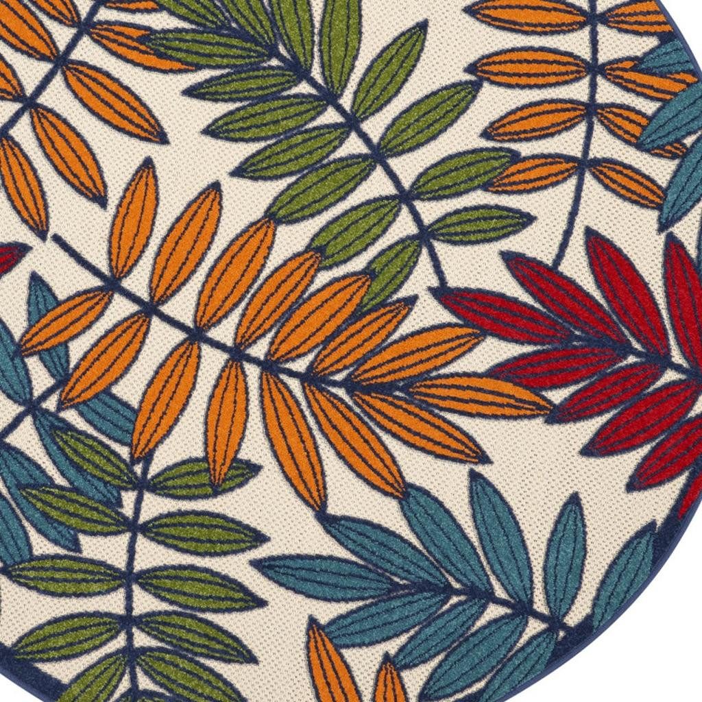 5′ Ivory And Blue Round Floral Indoor Outdoor Area Rug