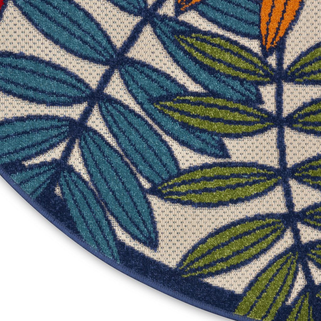 5′ Ivory And Blue Round Floral Indoor Outdoor Area Rug