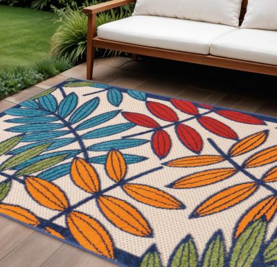 7′ × 10′ Ivory Blue Floral Indoor Outdoor Area Rug