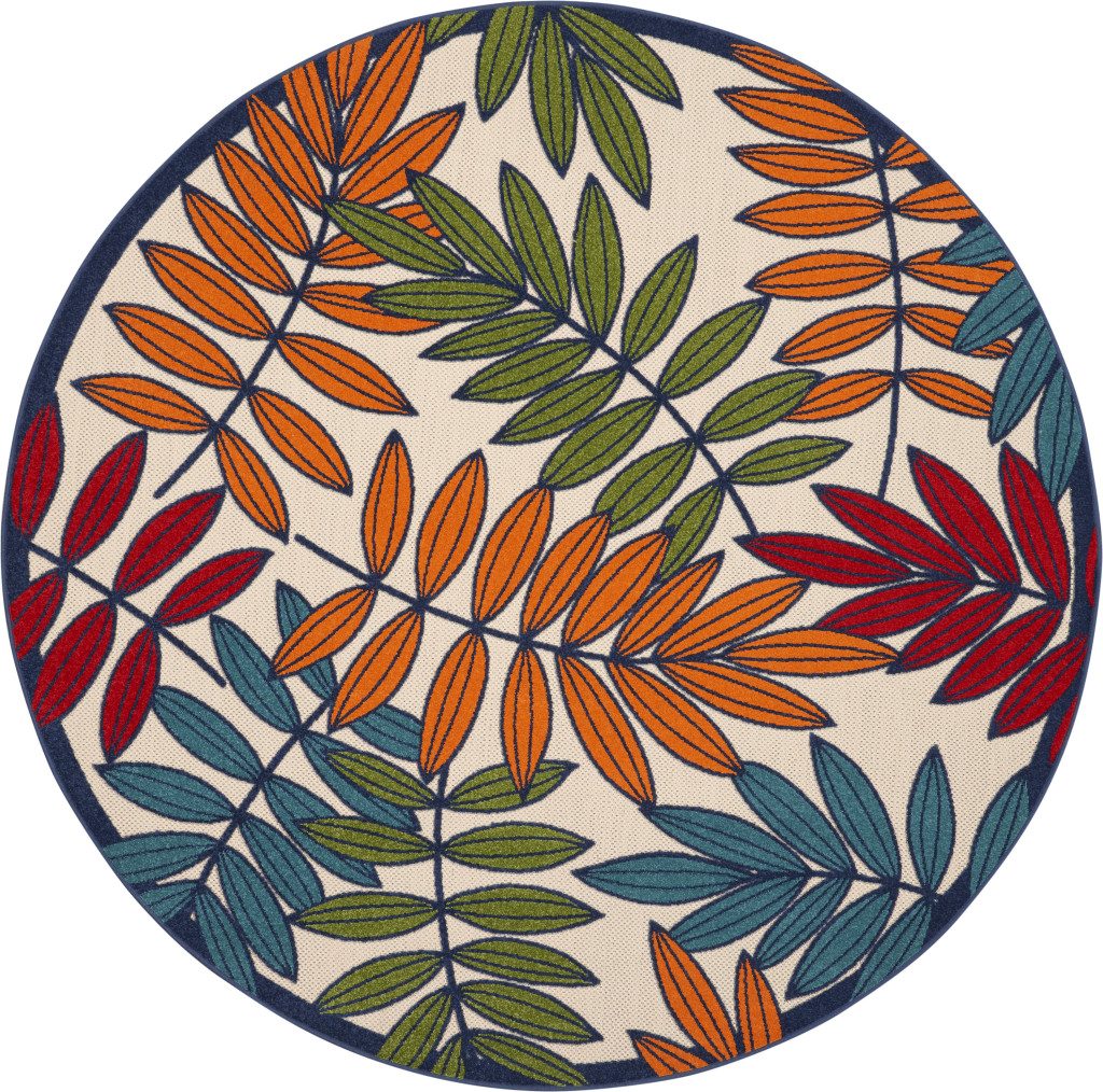 8′ Ivory And Blue Round Floral Indoor Outdoor Area Rug