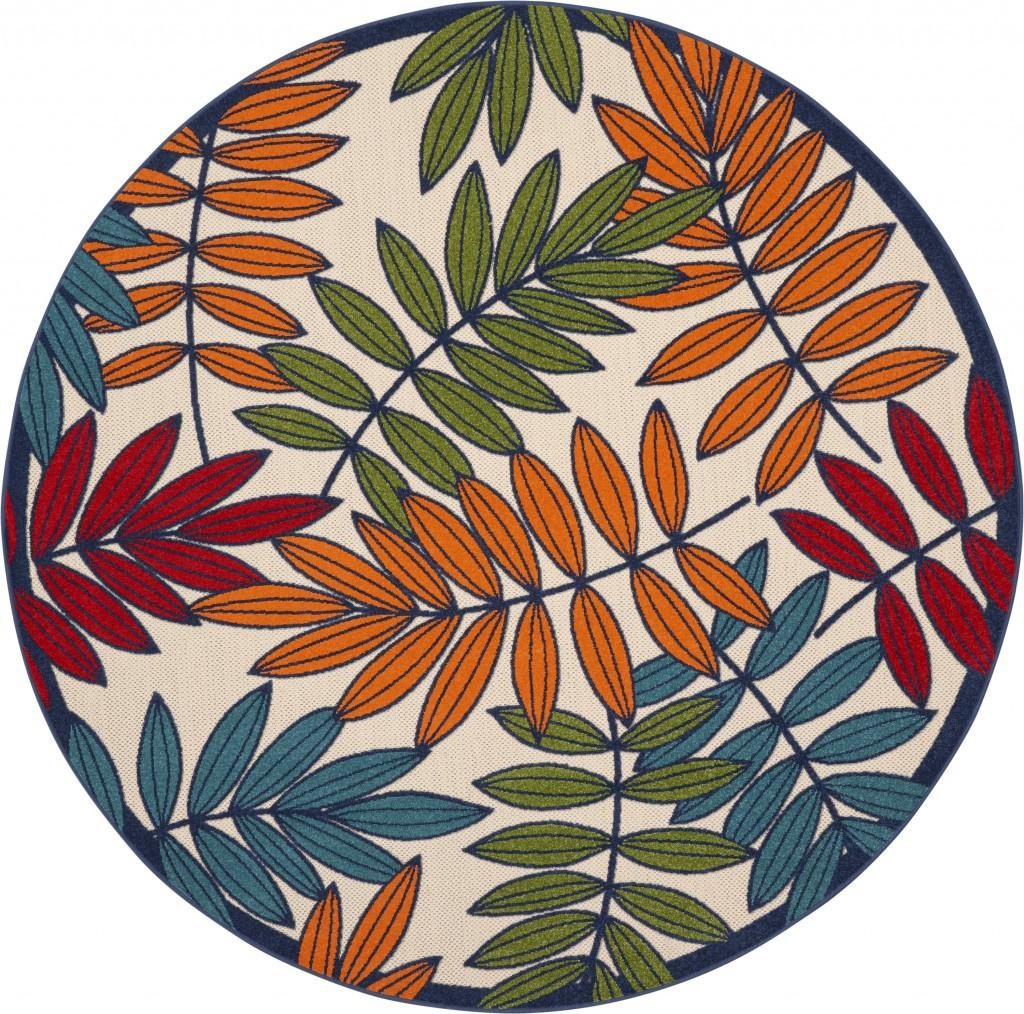 8′ Ivory And Blue Round Floral Indoor Outdoor Area Rug