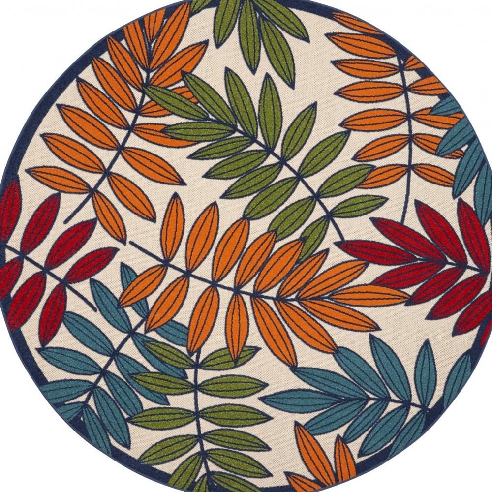 8′ Ivory And Blue Round Floral Indoor Outdoor Area Rug