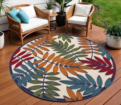 8′ Ivory And Blue Round Floral Indoor Outdoor Area Rug