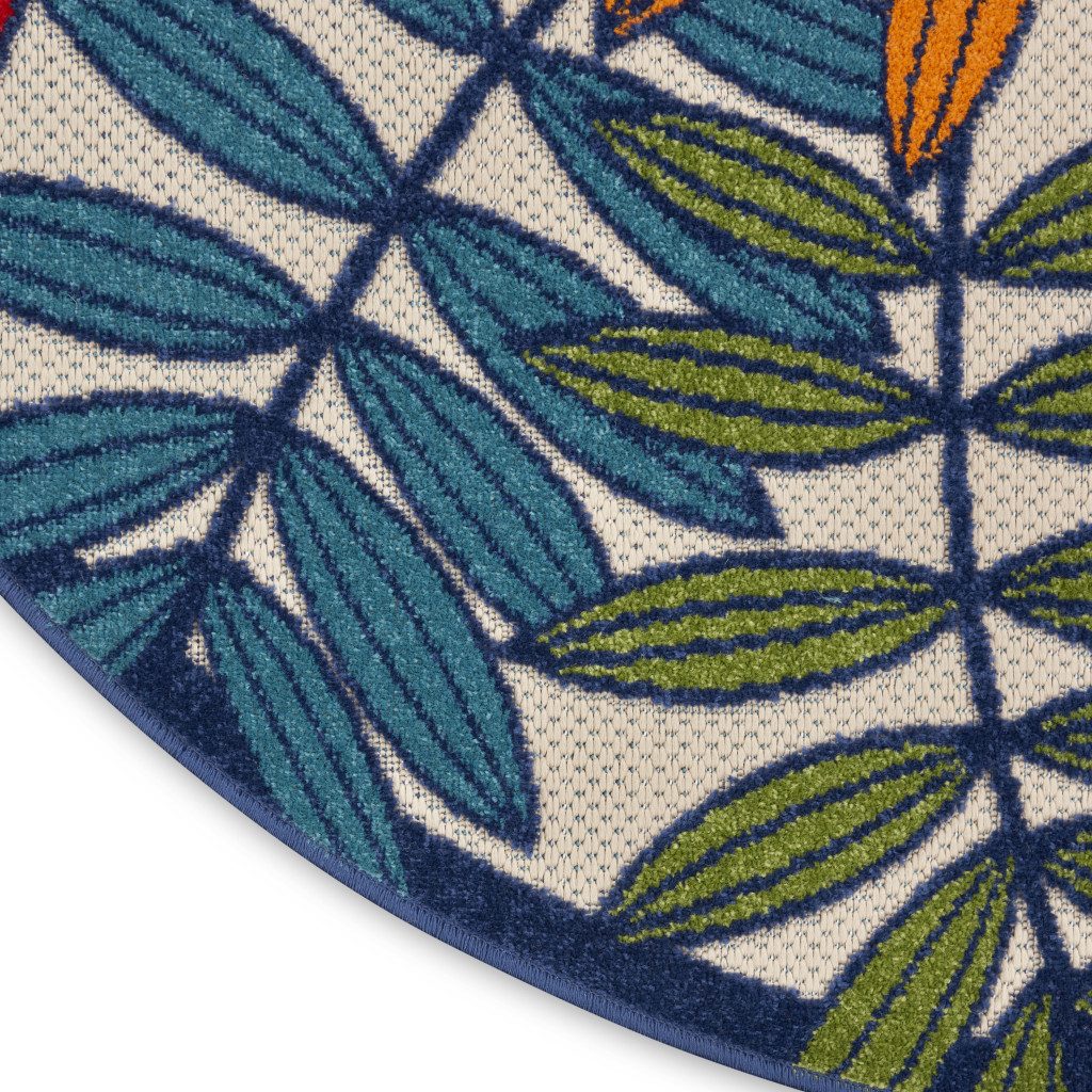8′ Ivory And Blue Round Floral Indoor Outdoor Area Rug