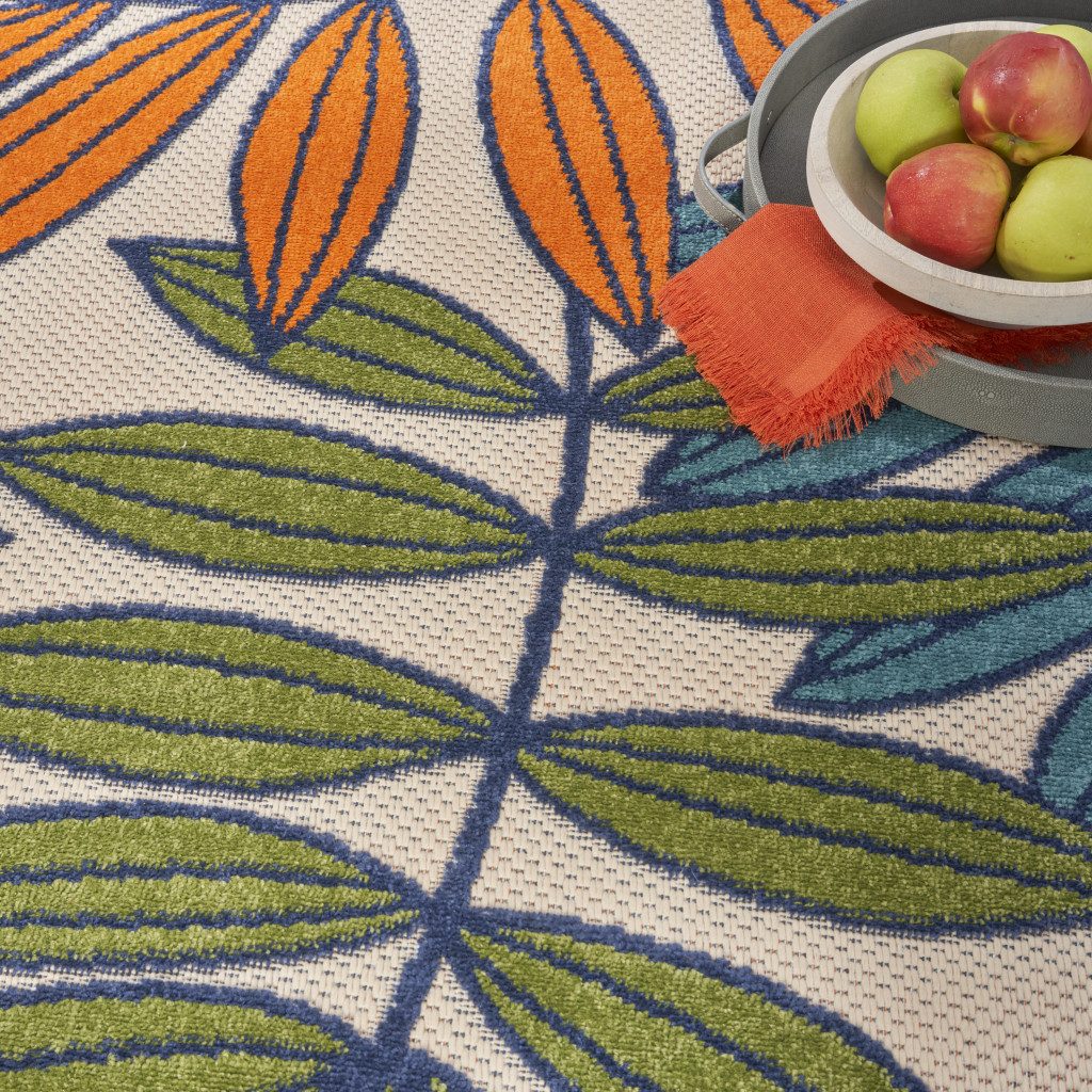 8′ Ivory And Blue Round Floral Indoor Outdoor Area Rug