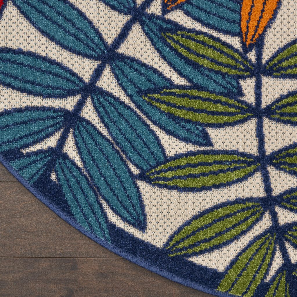 8′ Ivory And Blue Round Floral Indoor Outdoor Area Rug