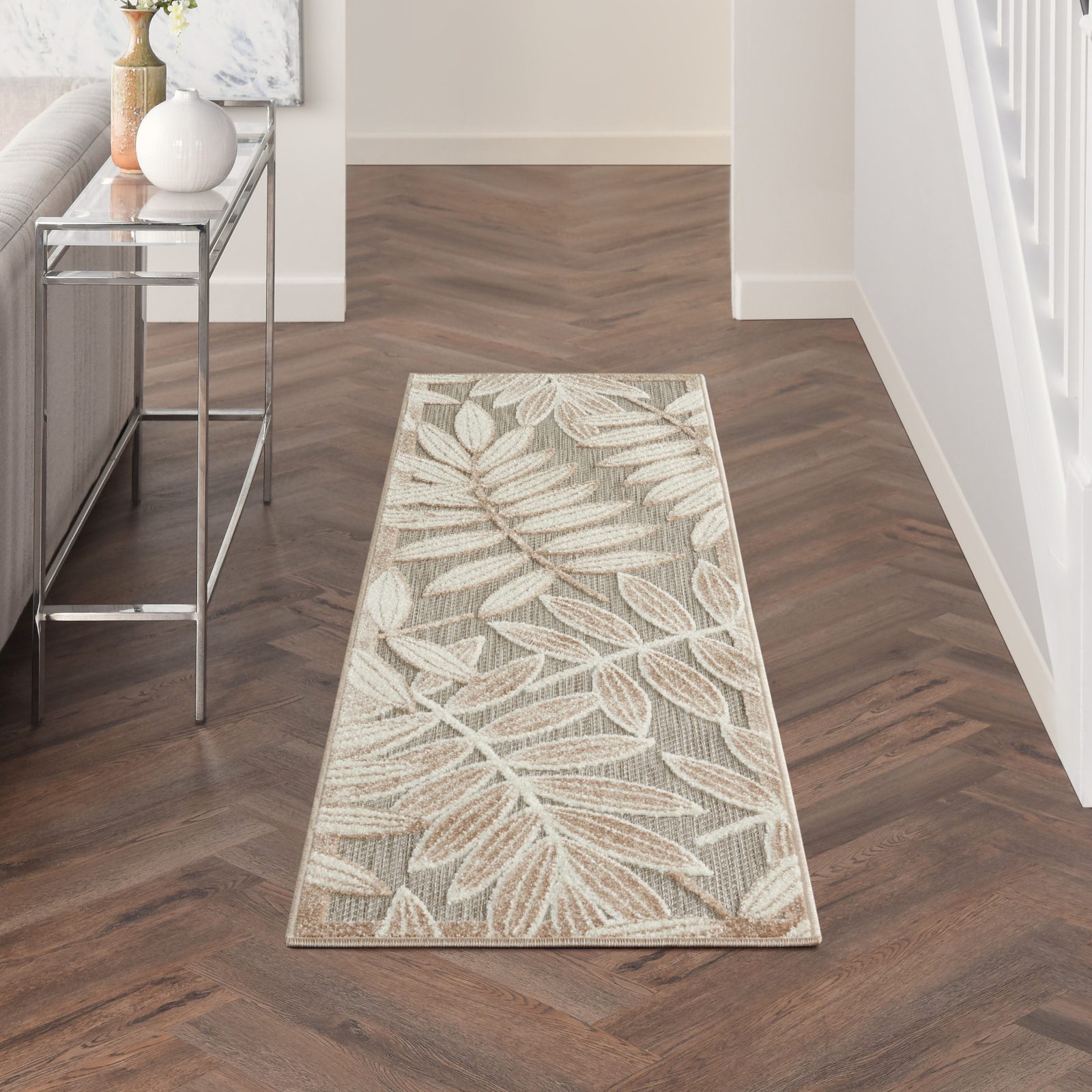 6′ Gray and Ivory Floral Indoor Outdoor Runner Rug