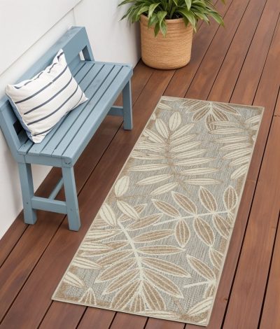 6′ Gray and Ivory Floral Indoor Outdoor Runner Rug