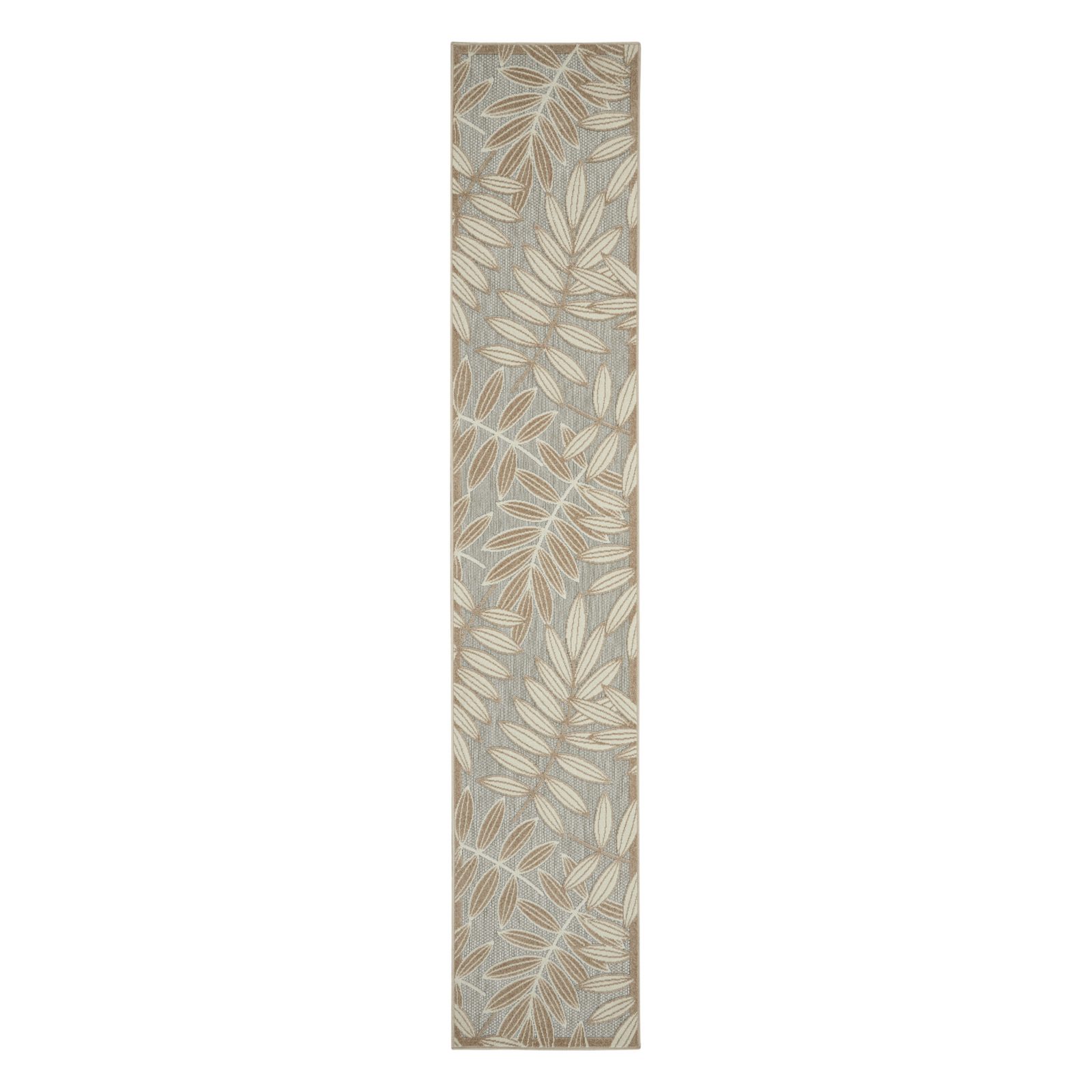 12′ Gray and Ivory Floral Indoor Outdoor Runner Rug